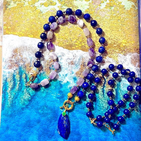 Faceted Lapis Lazuli Amethyst In Two Separate Necklaces With Pendant